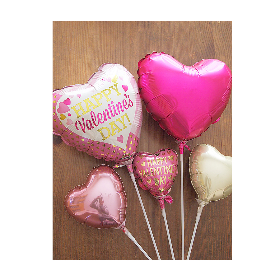 バレンタインスティックバルーン5本セット　ピンク&ゴールドハート・バレンタイン